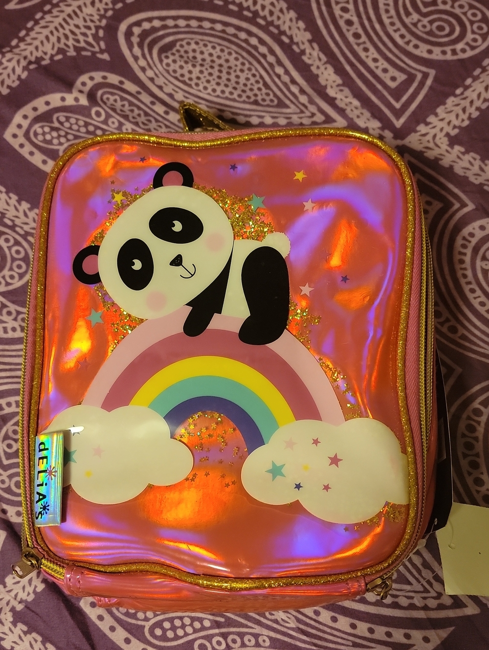 dELiA*s Pink Kids Girls Holographic Panda Rainbow Lunch Bag